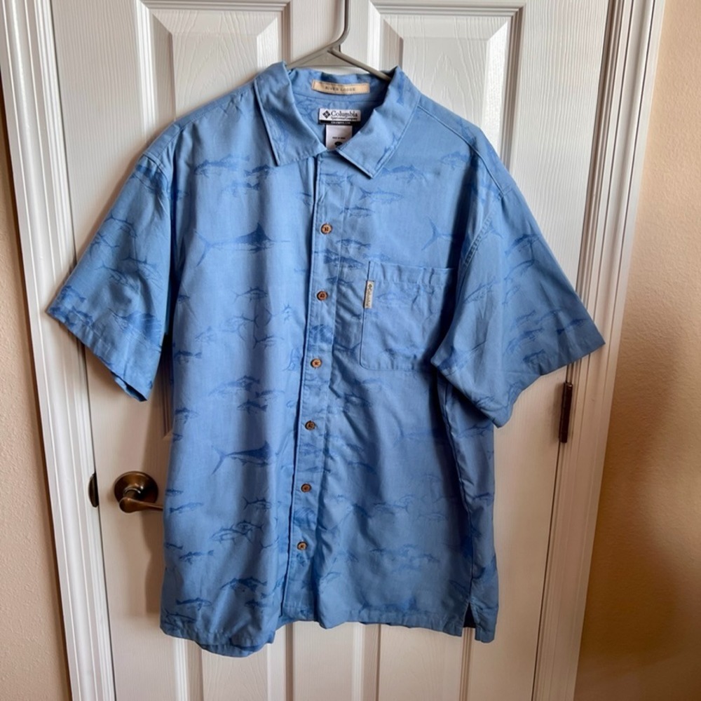 Columbia River Lodge‎ Button Up Shirt Fish Print Short Sleeve Mens Large